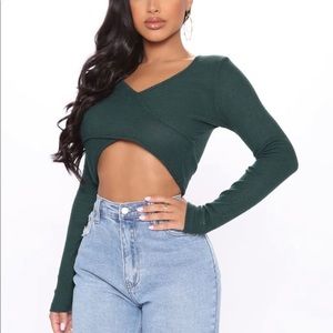 Jade Green Long Sleeve Crop Blouse